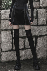 Jupe Punk en Cuir avec Fente et Dentelle Noire Rivet pour Femme